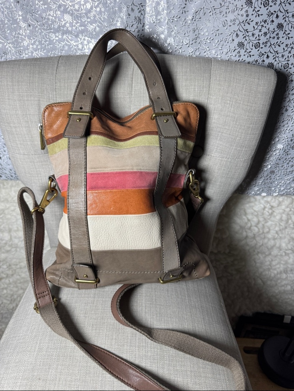 Fossil Leather Multi-Stripe Tote Bag in Brown and Pink - Picture 2 of 5